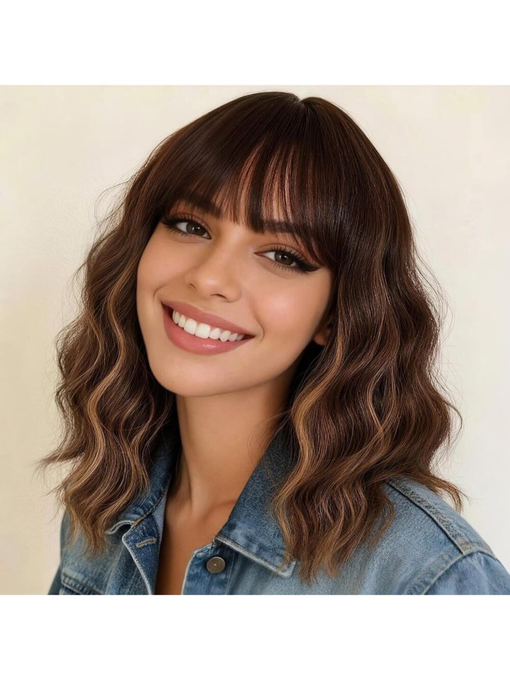 Women's Ombre brown highlight Shoulder Curly with Bangs 16 Inch Synthetic Wig